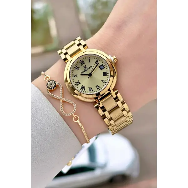 Gold Renk 30,5 mm Hediye Paketli Kadın Kol Saati ve Bileklik