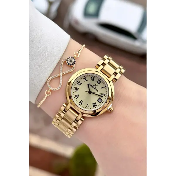 Gold Renk 30,5 mm Hediye Paketli Kadın Kol Saati ve Bileklik