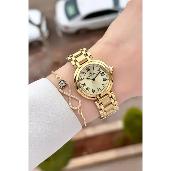 Gold Renk 30,5 mm Hediye Paketli Kadın Kol Saati ve Bileklik