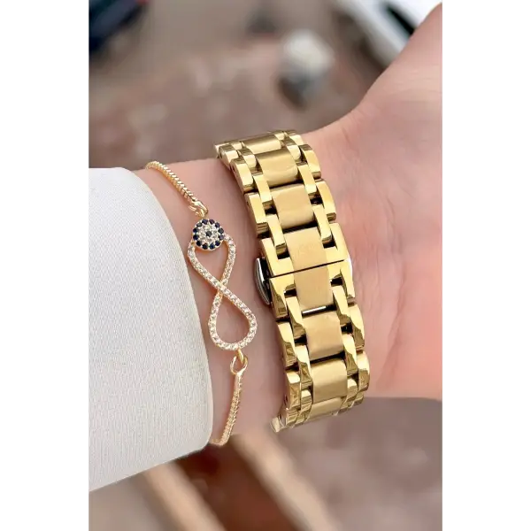 Gold Renk 30,5 mm Hediye Paketli Kadın Kol Saati ve Bileklik