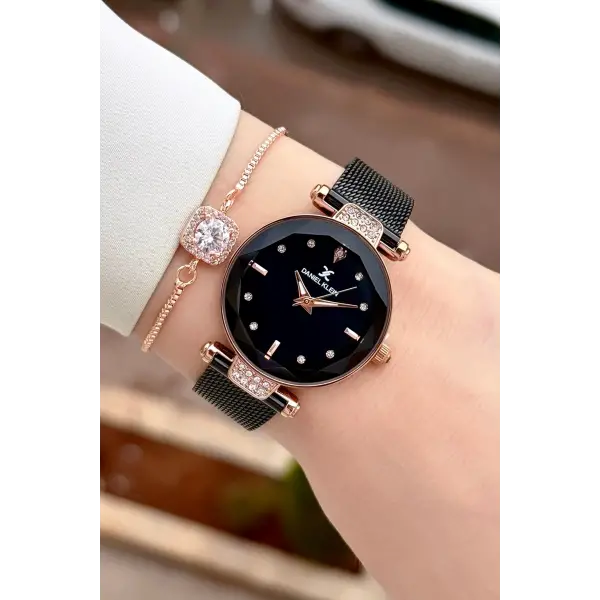 Kasası Rose Kordonu Siyah Renk 32 mm Kadın Kol Saati ve Bileklik
