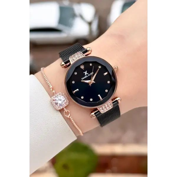 Kasası Rose Kordonu Siyah Renk 32 mm Kadın Kol Saati ve Bileklik