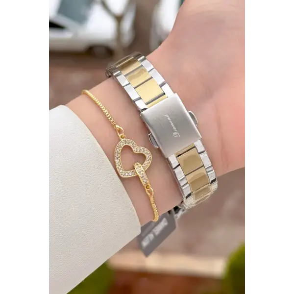 Pırlantalı Gold Gümüş Renk 30 mm Hediye Paketli Kadın Kol Saati ve Bileklik