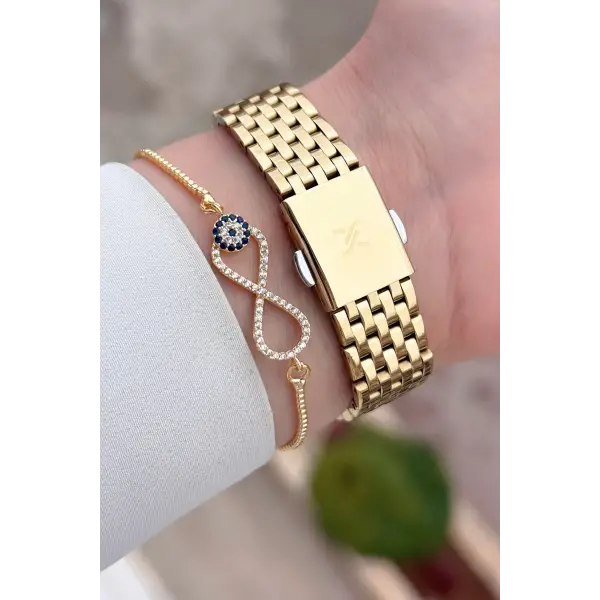 Gold Renk 30 mm Hediye Paketli Kadın Kol Saati ve Bileklik