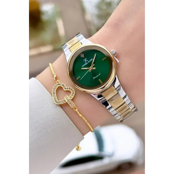 Pırlantalı Kadranı Yeşil Kordonu Gold Gümüş Renk 30 mm Hediye Paketli Kadın Kol Saati ve Bileklik