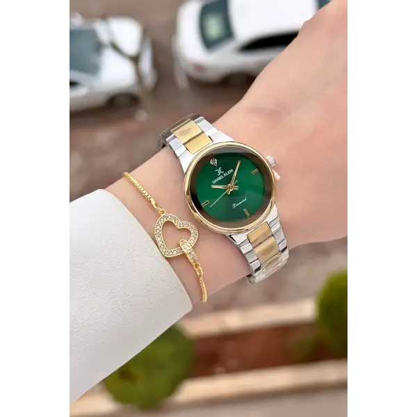Pırlantalı Kadranı Yeşil Kordonu Gold Gümüş Renk 30 mm Hediye Paketli Kadın Kol Saati ve Bileklik