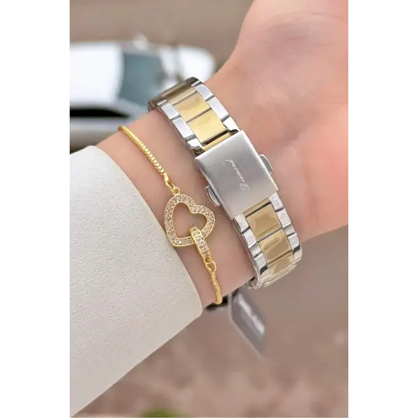 Pırlantalı Kadranı Yeşil Kordonu Gold Gümüş Renk 30 mm Hediye Paketli Kadın Kol Saati ve Bileklik