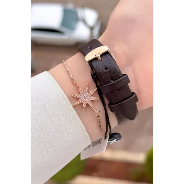 Kasası Rose Kordonu Koyu Kahverengi Renk Hediye Paketli Kadın Kol Saati ve Bileklik