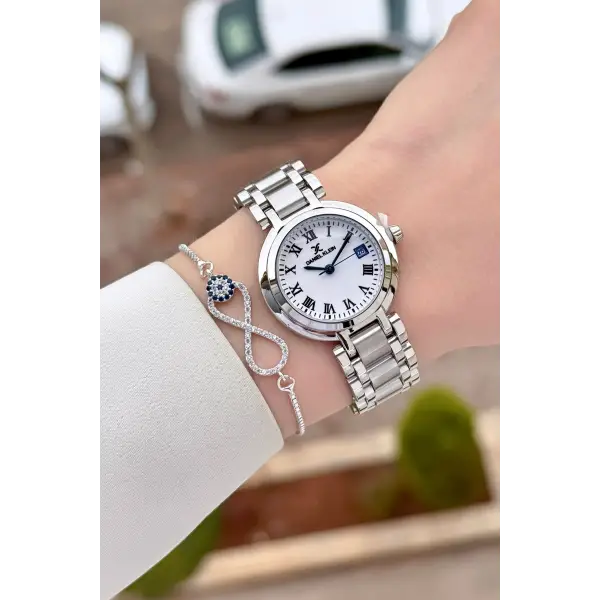 Gümüş Renk 30,5 mm Hediye Paketli Kadın Kol Saati ve Bileklik