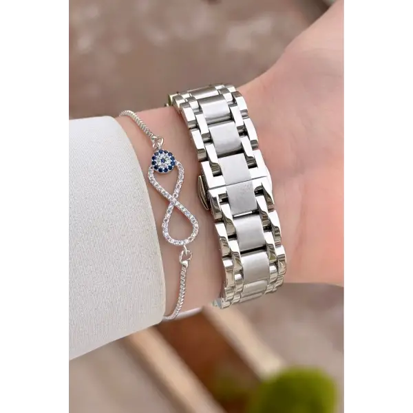 Gümüş Renk 30,5 mm Hediye Paketli Kadın Kol Saati ve Bileklik