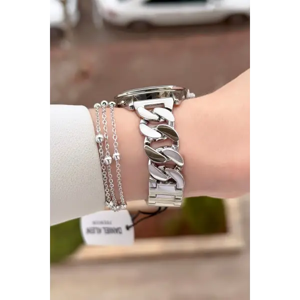 Gümüş Renk 32 mm Hediye Paketli Kadın Kol Saati ve Bileklik