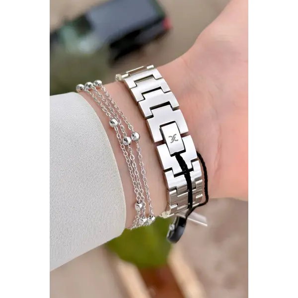 Gümüş Renk 32 mm Hediye Paketli Kadın Kol Saati ve Bileklik