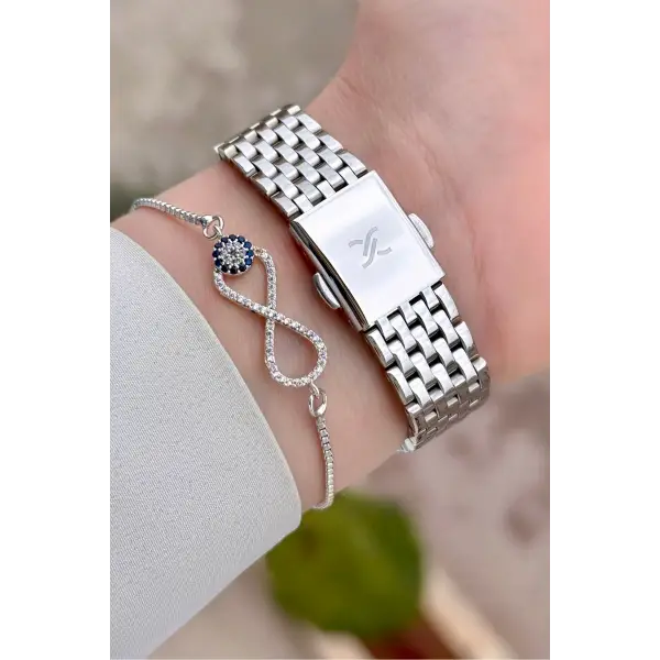 Gümüş Renk 30 mm Hediye Paketli Kadın Kol Saati ve Bileklik