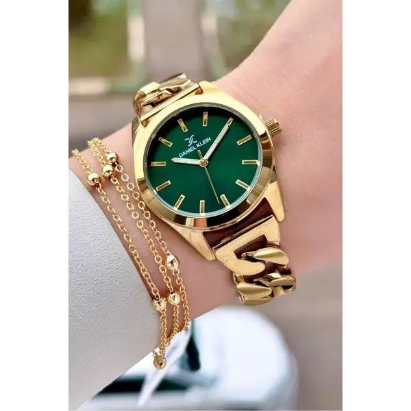 Kadranı Yeşil Kordonu Gold Renk 32 mm Hediye Paketli Kadın Kol Saati ve Bileklik