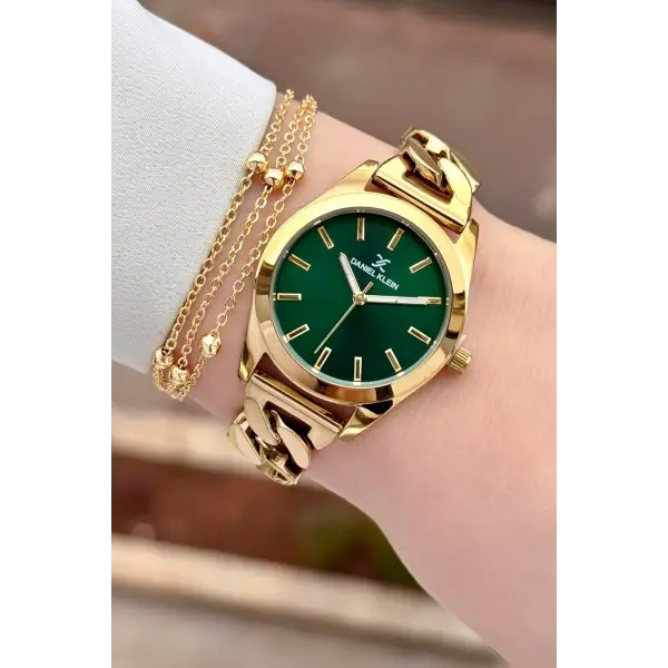 Kadranı Yeşil Kordonu Gold Renk 32 mm Hediye Paketli Kadın Kol Saati ve Bileklik