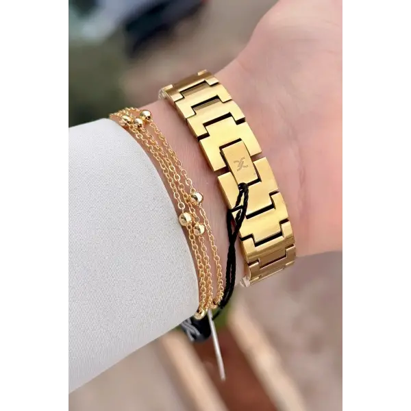 Kadranı Yeşil Kordonu Gold Renk 32 mm Hediye Paketli Kadın Kol Saati ve Bileklik