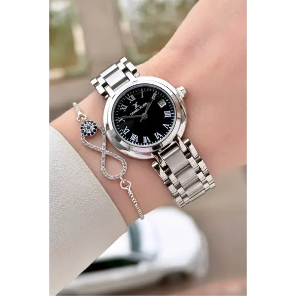 Kadranı Siyah Kordonu Gümüş Renk 30,5 mm Hediye Paketli Kadın Kol Saati ve Bileklik