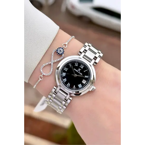 Kadranı Siyah Kordonu Gümüş Renk 30,5 mm Hediye Paketli Kadın Kol Saati ve Bileklik