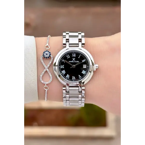 Kadranı Siyah Kordonu Gümüş Renk 30,5 mm Hediye Paketli Kadın Kol Saati ve Bileklik