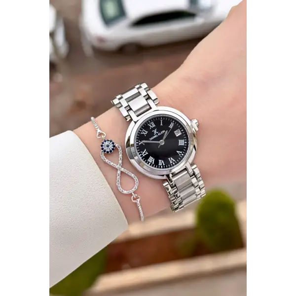 Kadranı Siyah Kordonu Gümüş Renk 30,5 mm Hediye Paketli Kadın Kol Saati ve Bileklik