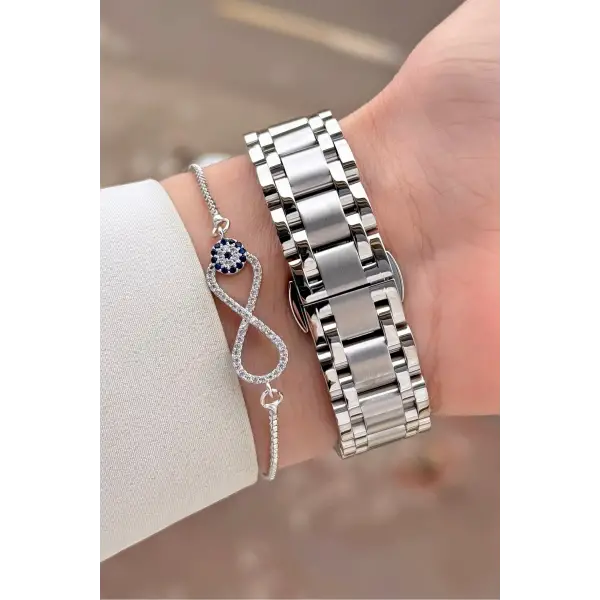 Kadranı Siyah Kordonu Gümüş Renk 30,5 mm Hediye Paketli Kadın Kol Saati ve Bileklik