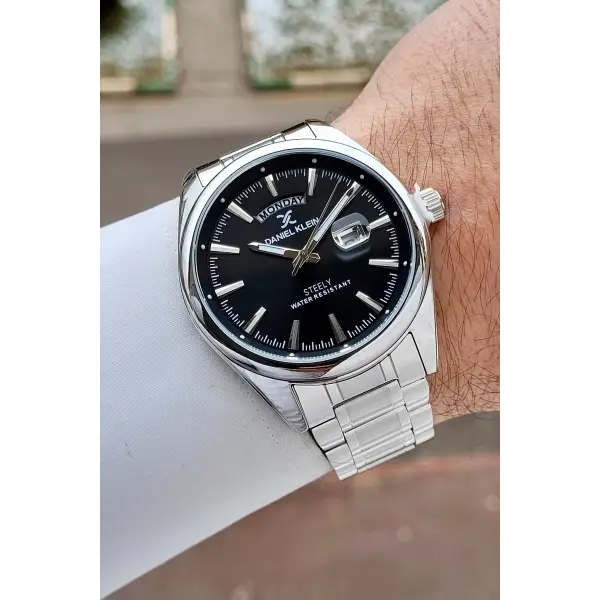 Gümüş Siyah Renk 44 mm Tamamen Paslanmaz Çelik Takvimli Erkek Kol Saati