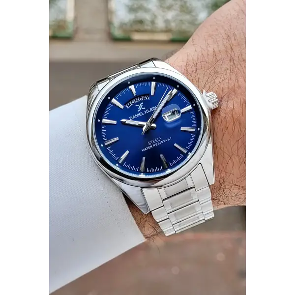 Gümüş Lacivert Renk Tamamen Paslanmaz Çelik Takvimli Erkek Kol Saati