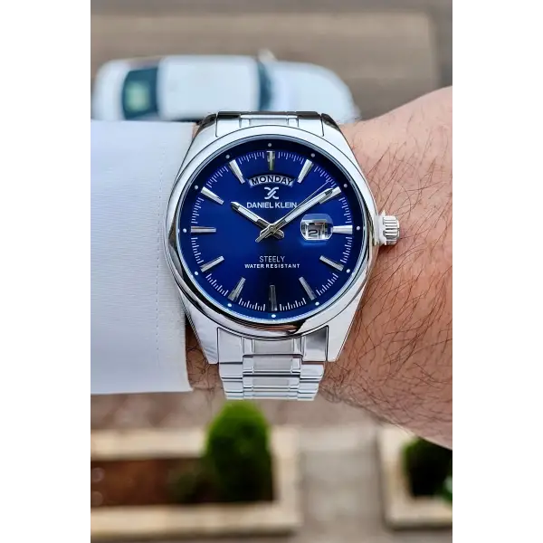 Gümüş Lacivert Renk Tamamen Paslanmaz Çelik Takvimli Erkek Kol Saati