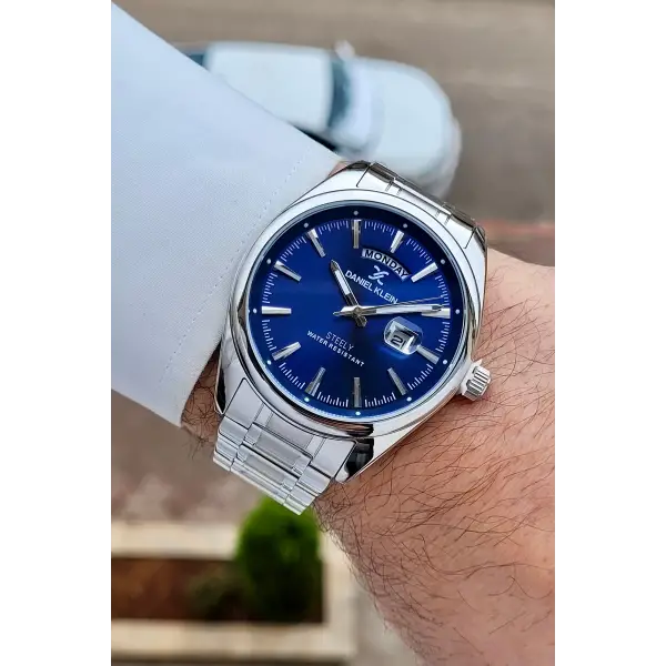 Gümüş Lacivert Renk Tamamen Paslanmaz Çelik Takvimli Erkek Kol Saati