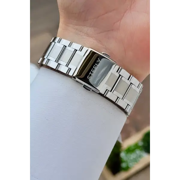 Gümüş Lacivert Renk Tamamen Paslanmaz Çelik Takvimli Erkek Kol Saati