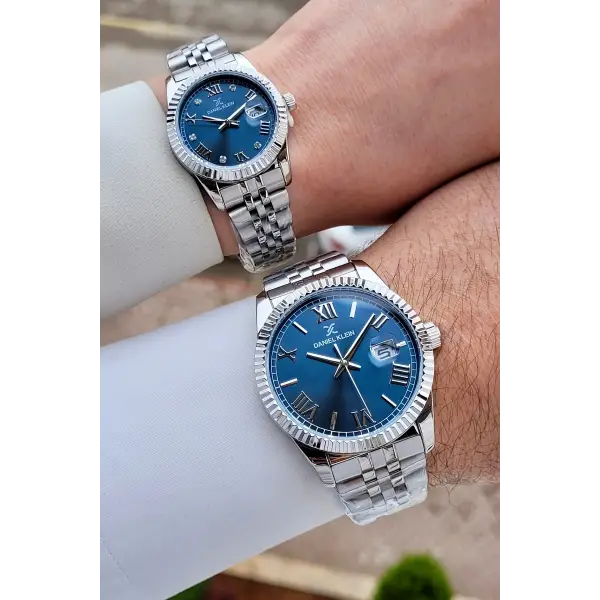 Kadranı Lacivert Kordonu Gümüş Renk Hediye Paketli Sevgili Çift Kol Saati