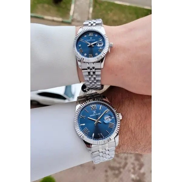 Kadranı Lacivert Kordonu Gümüş Renk Hediye Paketli Sevgili Çift Kol Saati