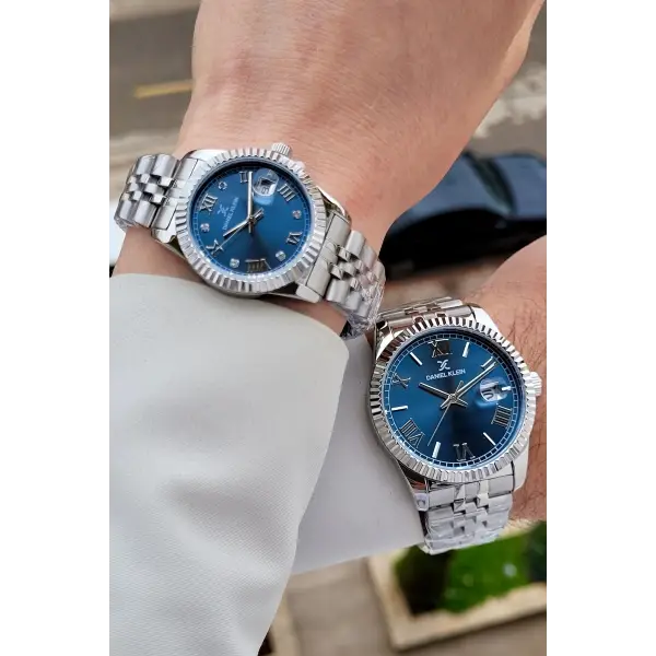 Kadranı Lacivert Kordonu Gümüş Renk Hediye Paketli Sevgili Çift Kol Saati