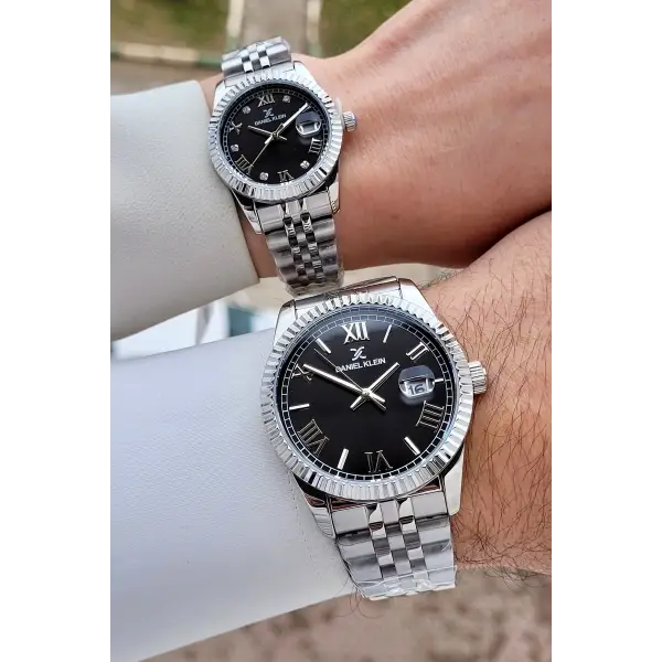 Kadranı Siyah Kordonu Gümüş Renk Hediye Paketli Sevgili Çift Kol Saati