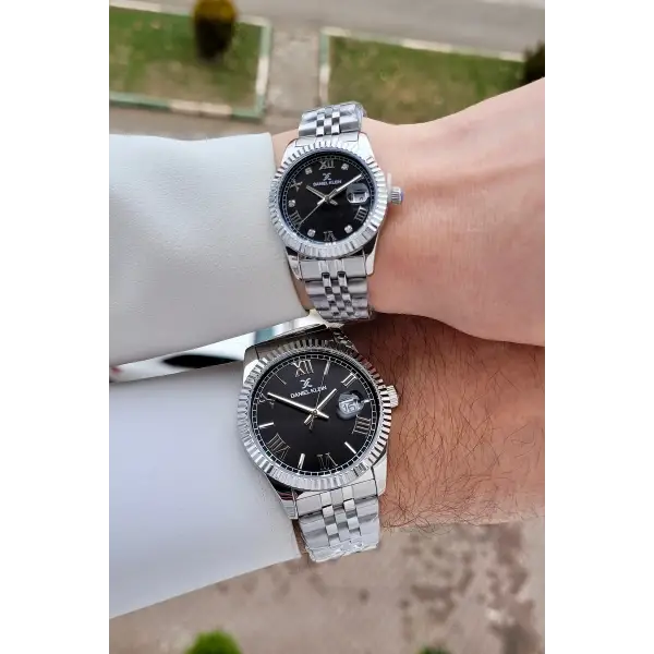 Kadranı Siyah Kordonu Gümüş Renk Hediye Paketli Sevgili Çift Kol Saati