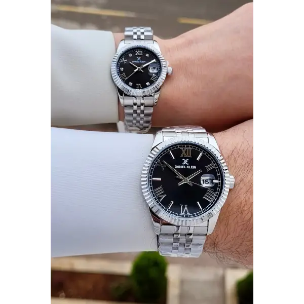 Kadranı Siyah Kordonu Gümüş Renk Hediye Paketli Sevgili Çift Kol Saati