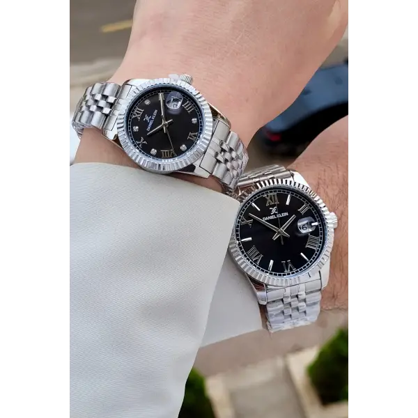 Kadranı Siyah Kordonu Gümüş Renk Hediye Paketli Sevgili Çift Kol Saati