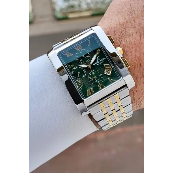 Kadranı Yeşil Kordonu Gold Gümüş Renk Hediye Paketli Erkek Kol Saati