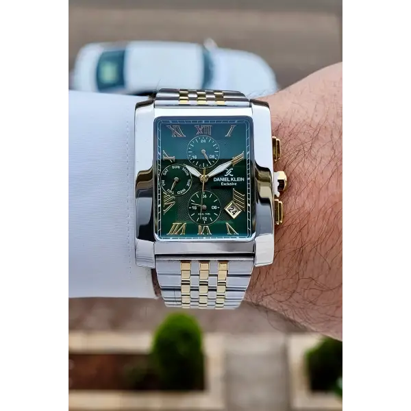 Kadranı Yeşil Kordonu Gold Gümüş Renk Hediye Paketli Erkek Kol Saati