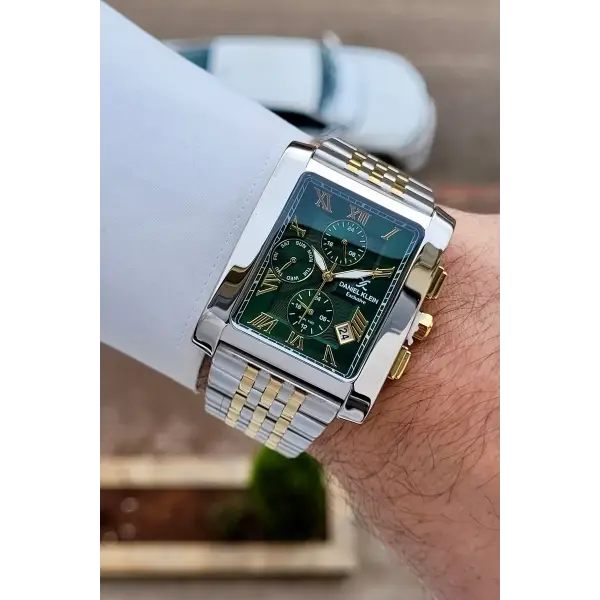 Kadranı Yeşil Kordonu Gold Gümüş Renk Hediye Paketli Erkek Kol Saati