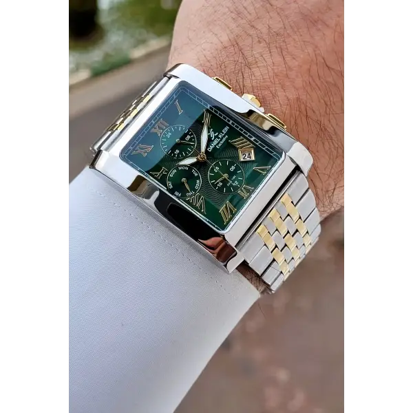 Kadranı Yeşil Kordonu Gold Gümüş Renk Hediye Paketli Erkek Kol Saati