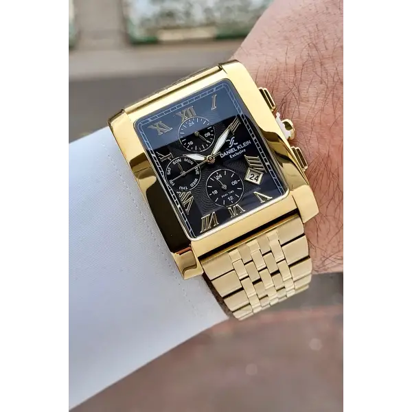 Kadranı Siyah Kordonu Gold Renk Hediye Paketli Erkek Kol Saati