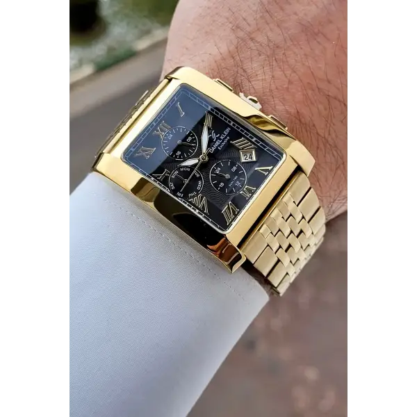 Kadranı Siyah Kordonu Gold Renk Hediye Paketli Erkek Kol Saati