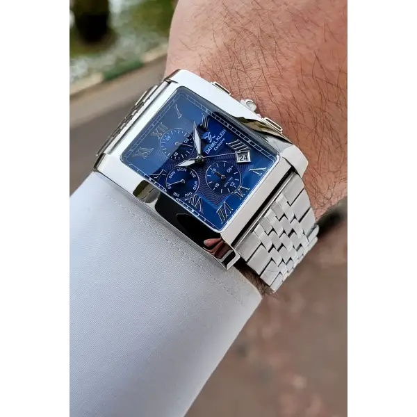 Kadranı Lacivert Kordonu Gümüş Renk Hediye Paketli Erkek Kol Saati