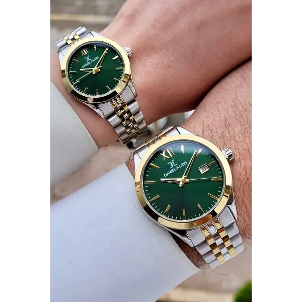 Kadranı Yeşil Kordonu Gold Gümüş Renk Hediye Paketli Sevgili Çift Kol Saati STISTE34