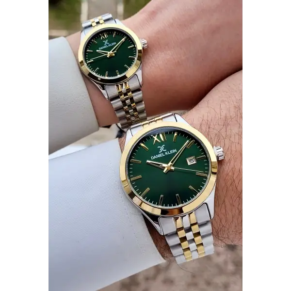 Kadranı Yeşil Kordonu Gold Gümüş Renk Hediye Paketli Sevgili Çift Kol Saati STISTE34