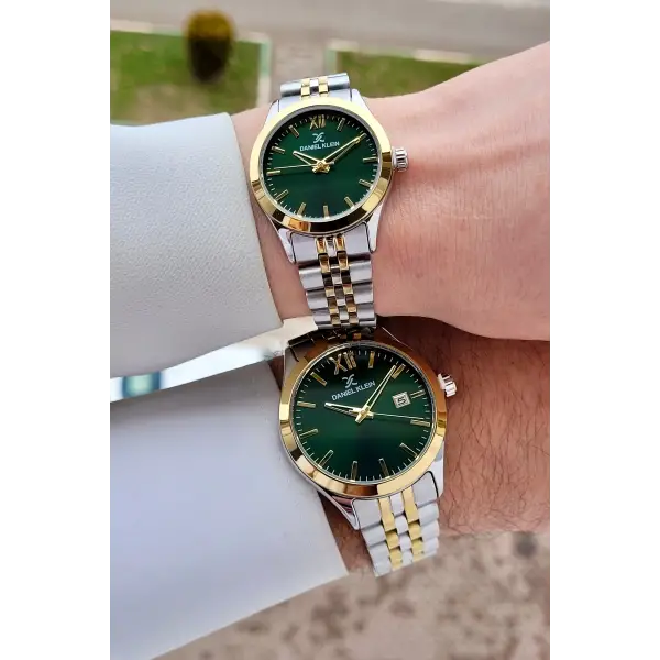 Kadranı Yeşil Kordonu Gold Gümüş Renk Hediye Paketli Sevgili Çift Kol Saati STISTE34