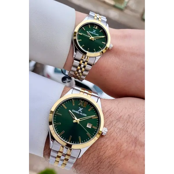 Kadranı Yeşil Kordonu Gold Gümüş Renk Hediye Paketli Sevgili Çift Kol Saati STISTE34