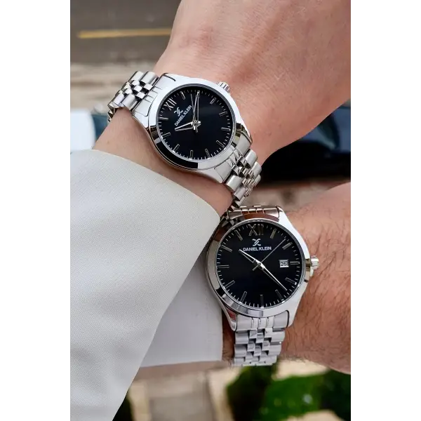 Kadranı Siyah Kordonu Gümüş Renk Hediye Paketli Sevgili Çift Kol Saati STISTE32