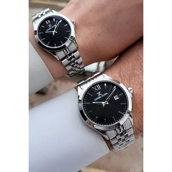 Kadranı Siyah Kordonu Gümüş Renk Hediye Paketli Sevgili Çift Kol Saati STISTE32